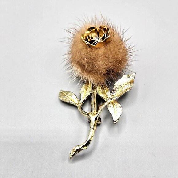 Rose Brooch Mink Fur Gold Tone Flower Long Stem Clear Rose Pin Unmarked Vtg - Picture 1 of 13